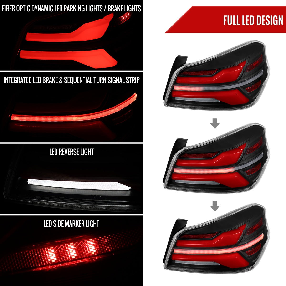 Spec-D Sequential Full LED Tail Lights - Matte Black Housing / Clear Lens / Red Bar - 2015-2021 Subaru WRX / STI