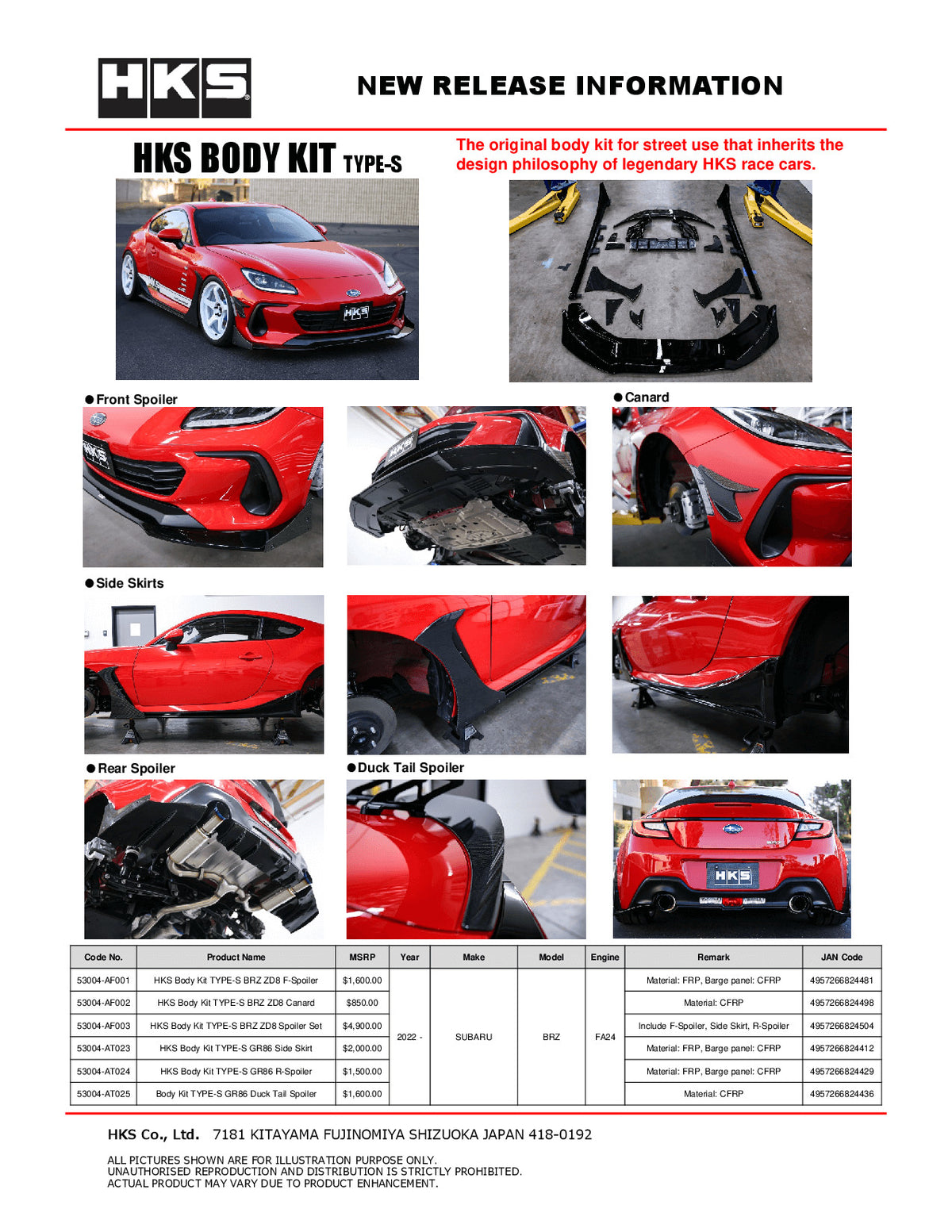 HKS TYPES Complete Body Aero Kit - 2022-2024 Subaru BRZ