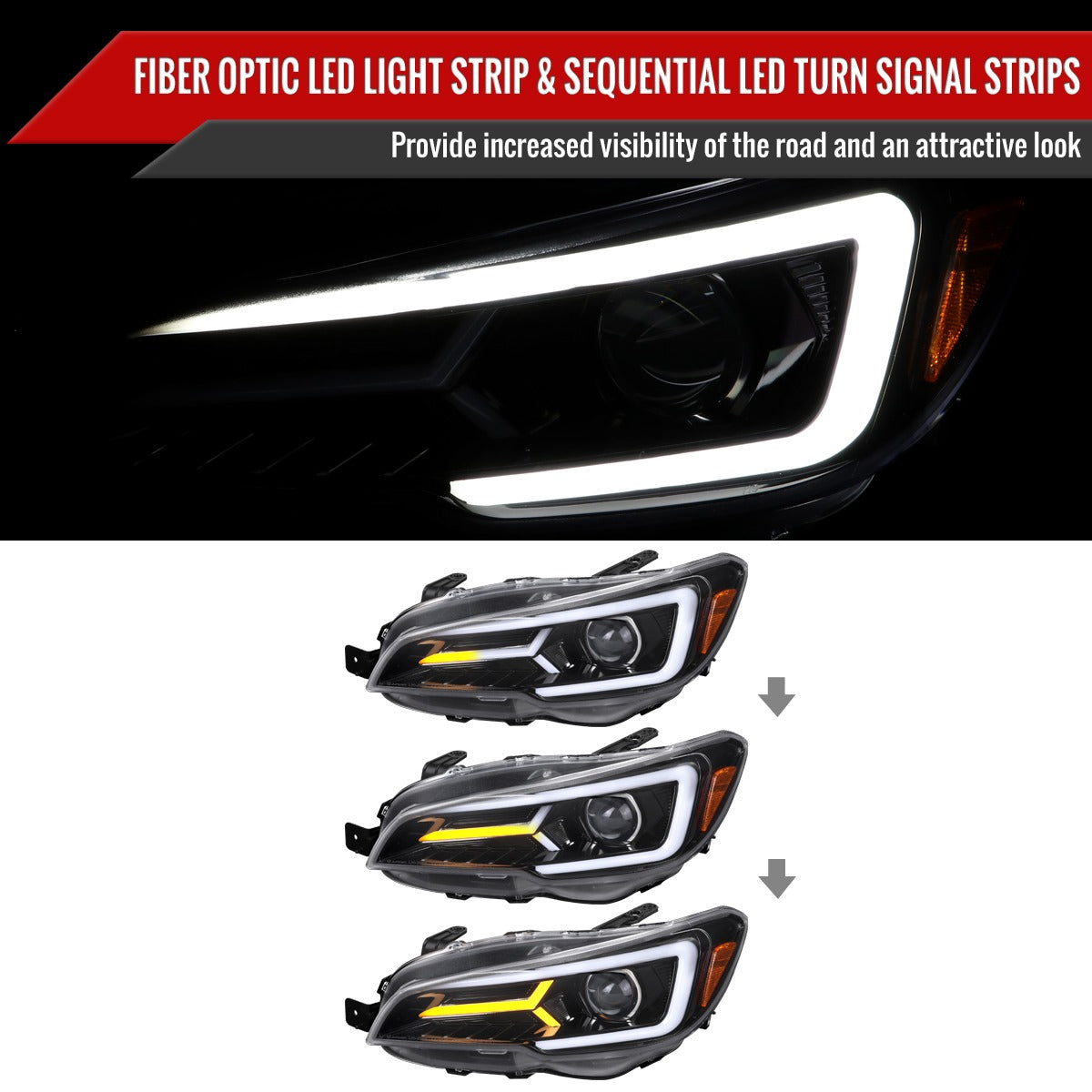 Spec-D Version 2 LED Bar Style Projector Headlights w/ Switchback & Sequential Turn Signal - DRL LED Bar / Gloss Black Housing / Clear Lens - 2015-2021 Subaru WRX/STI (FOR FACTORY HALOGEN HEADLIGHT WITHOUT LED DRL MODELS ONLY)