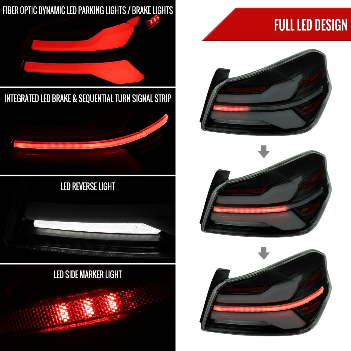 Spec-D Sequential Full LED Tail Lights - Gloss Black Housing / Smoked Lens / White Bar - 2015-2021 Subaru WRX / STI