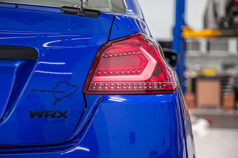 OLM Evolution Tail Lights - Clear Lens, Red Base, White Bar - 2015-2021 Subaru WRX / STI