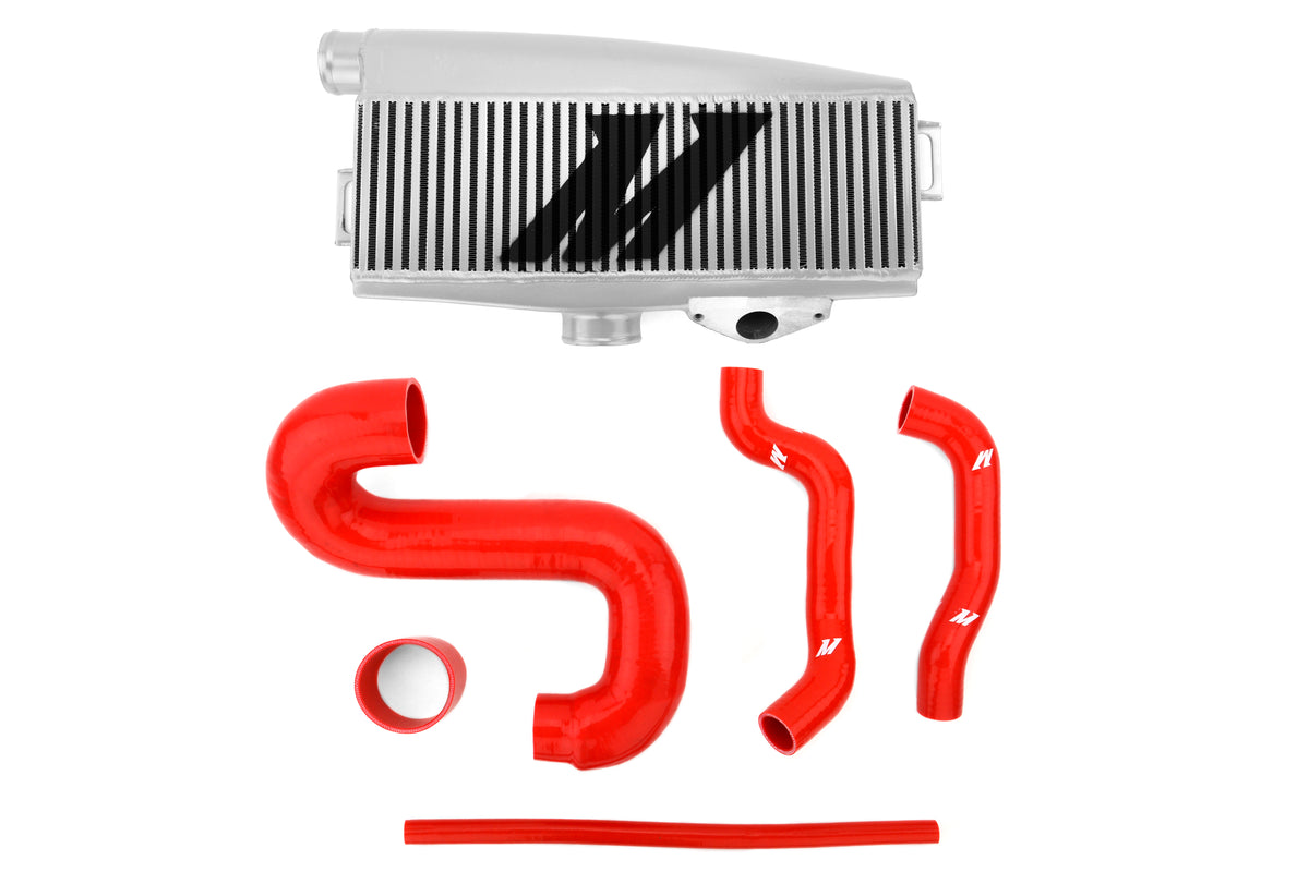 MIMMMTMIC-WRX-01SLRD Mishimoto Silver Top Mount Intercooler w/ Red Hoses - 2002-2007 Subaru WRX / 2004-2007 Subaru STI,