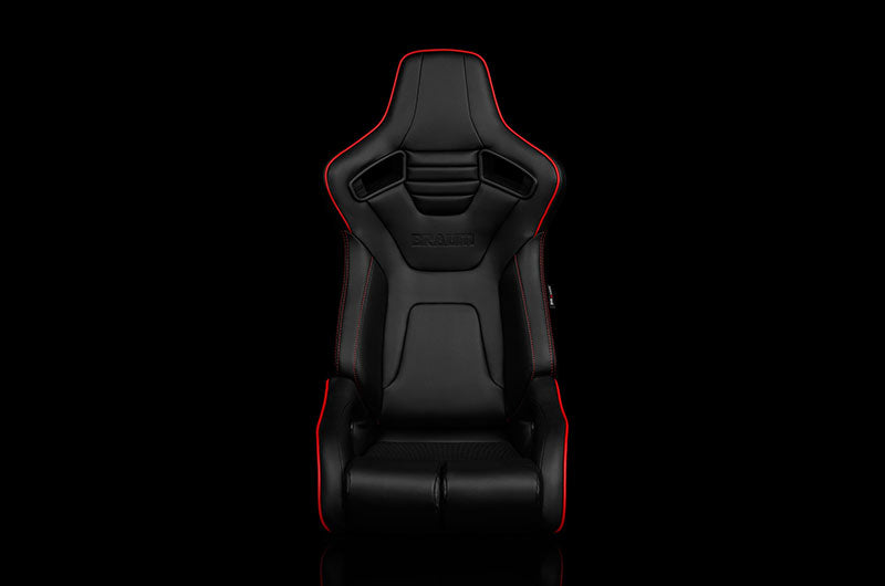 BRMBRR1R-BKRP Braum Elite-R Series Sport Seats - Black Leatherette (Red Stitching / Red Piping) Pair - Universal,