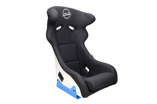 NRGFRP-600WT NRG Innovations FRP Bucket Seat - White finish with Arrow Embroidery and Blue Side Mount Bracket - Universal,